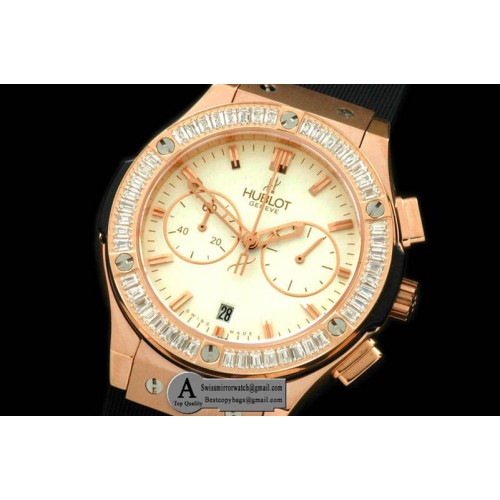 Hublot Ladies Classic Fusion Chrono Rose Gold Rubber White White Jap Qtz Replica Watches