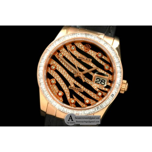 Rolex Datejust Royal 116185 Black Rose Gold Sq Cut Diamond Leather Swiss Eta 2836 2 Replica Watches