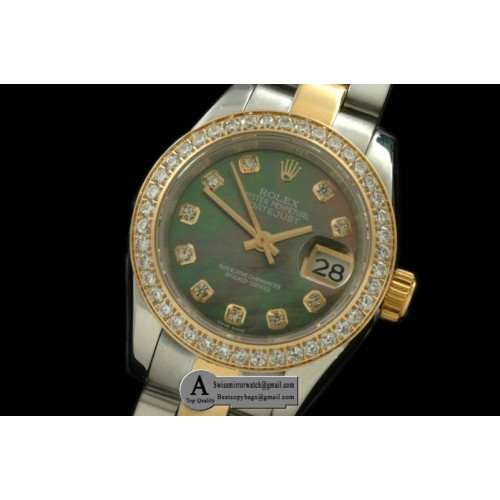 Rolex SS Yellow Gold Oyster MOP Green Diamond Swiss Eta 2671-2 Replica Watches