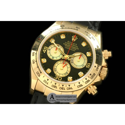Rolex 2011 Yellow Gold Leather Black White Diamond A-7750 Sec@6 28800 Replica Watches