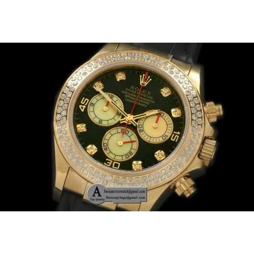 Rolex 2011 Yellow Gold Diamond Leather Black White Diamond A-7750 Sec@6 28800 Replica Watches