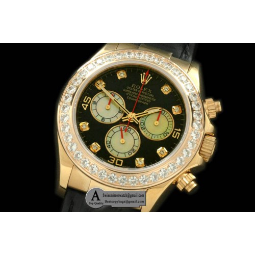 Rolex 2011 Yellow Gold Diamond Leather Black White Diamond A-7750 Sec@6 28800 Replica Watches