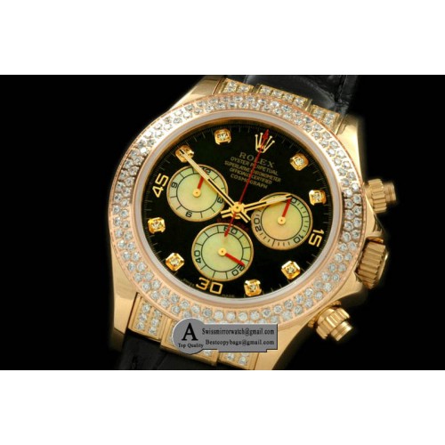 Rolex 2011 Yellow Gold Diamond Leather Black White Diamond A-7750 Sec@6 28800 Replica Watches