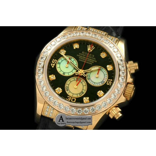 Rolex 2011 Yellow Gold Diamond Leather Black White Diamond A-7750 Sec@6 28800 Replica Watches