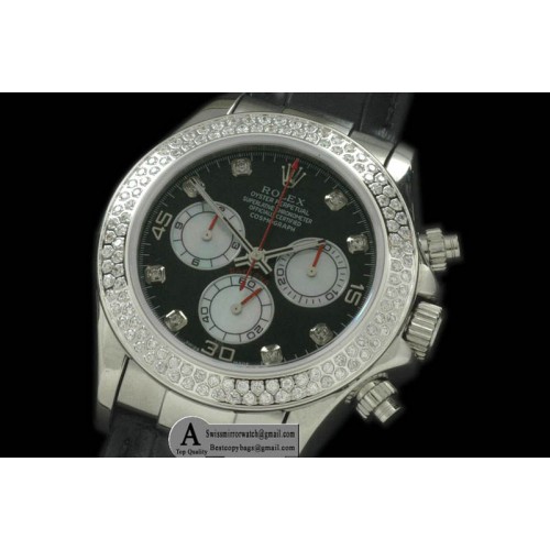 Rolex Daytona 2011 SS Diamond Leather Black White Diamond A 7750 Sec@6 28800 Replica Watches