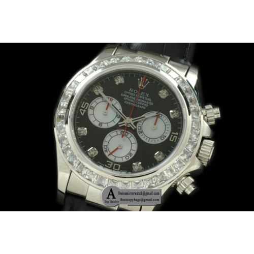 Rolex Daytona 2011 SS SQ Diamond Leather Black White Diamond A-7750 Sec@6 28800 Replica Watches