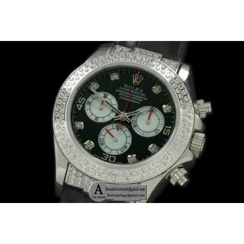 Rolex Daytona 2011 SS Diamond Leather Black White Diamond A 7750 Sec@6 28800 Replica Watches
