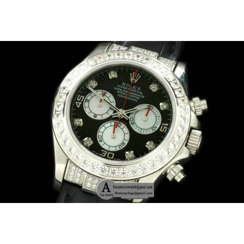 Rolex Daytona 2011 SS Diamond Leather Black White Diamond A-7750 Sec@6 28800 Replica Watches