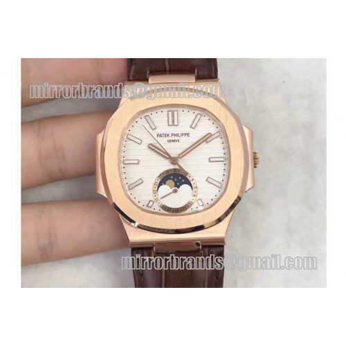 Patek Philippe Nautilus 5726 Moonphase RG White Dial on Brown Leather Strap A324