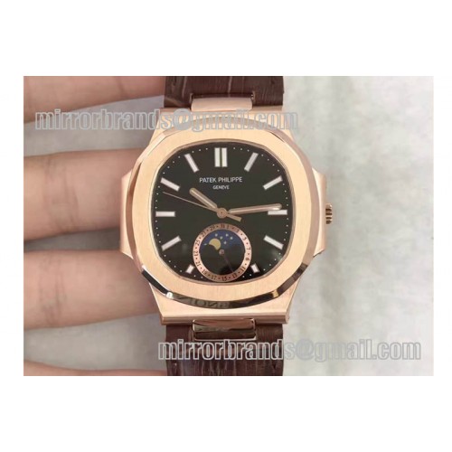 Patek Philippe Nautilus 5726 Moonphase RG Black Dial on Brown Leather Strap A324