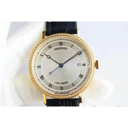 Breguet Classique 5177 YG White Textured Dial Diamonds Bezel A2892