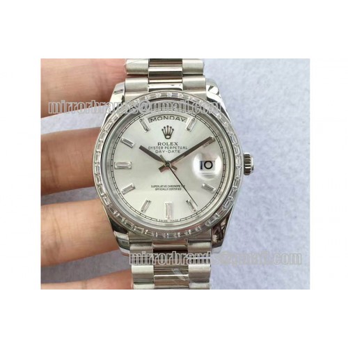 Rolex Day-Date 40mm 228239 Diamond Bezel SS White Dial President A3255