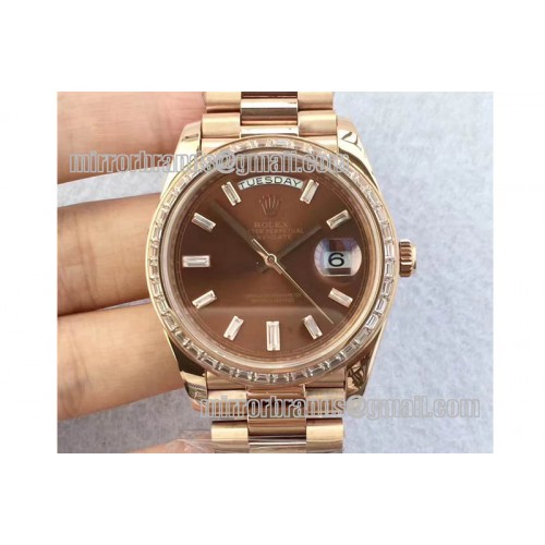 Rolex Day-Date 40mm 228239 Diamond Bezel RG Brown Dial President A3255