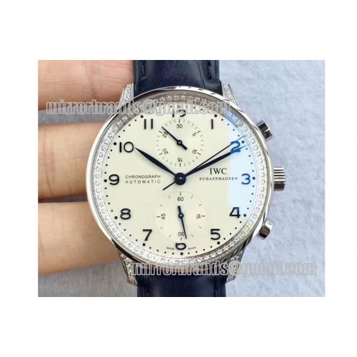IWC Portuguese IW3714 Diamond White Dial Blue Numbers Makers on Blue Leather Strap A79350 (Slim Movement)