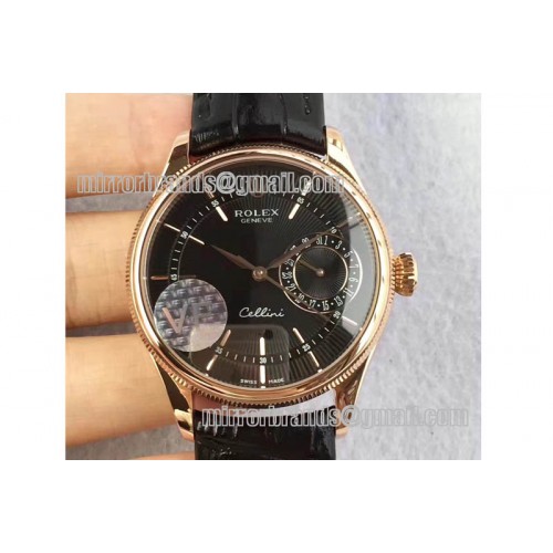 Rolex Cellini Date RG Black Dial Sticks Markers on Black Leather Strap A3165