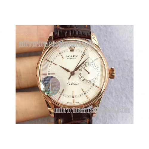Rolex Cellini Date RG White Dial Sticks Markers on Brown Leather Strap A3165