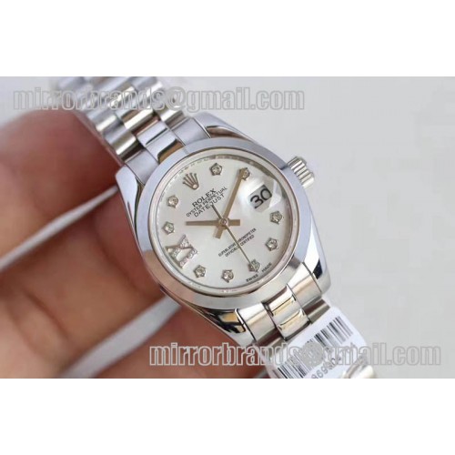Ladies Rolex DateJust SS White/Black Dial Diamonds Markers ETA2671