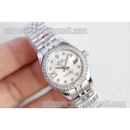 Ladies Rolex DateJust SS White/Black Dial Diamonds Markers Jubilee Bracelet ETA2671