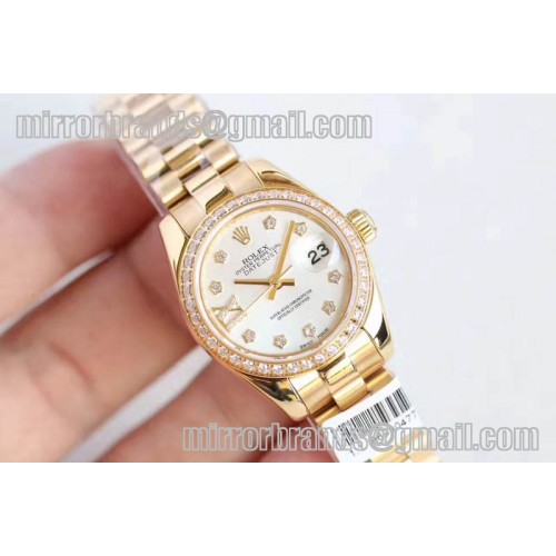 Ladies Rolex DateJust YG White/Black/Gold Dial Diamond Bezel ETA2671