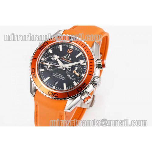 Omega Planet Ocean Master Chronometer Chrono SS Black Dial Orange Strap A9300
