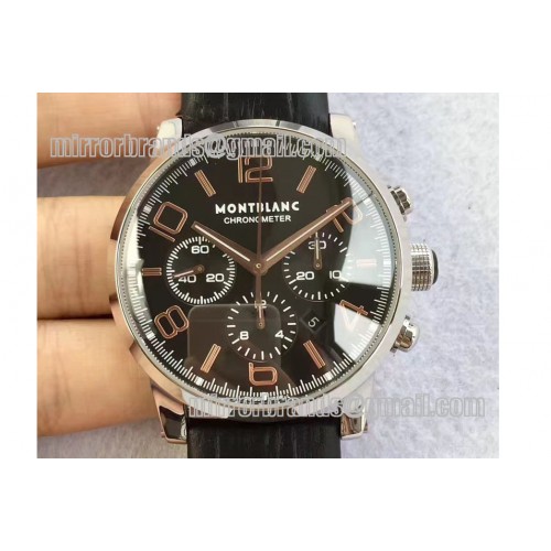 Montblanc Timewalker Chrono SS Black with 3 sub-dials RG Marker Leather Strap
