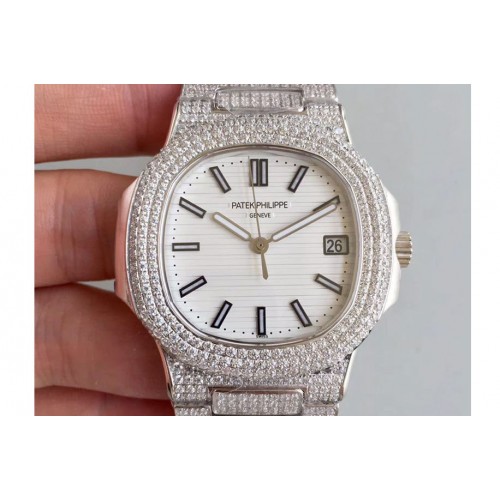 Patek Philippe Nautilus Jumbo 5711 MKF White Textured Dial Full Diamond Bezel and Strap