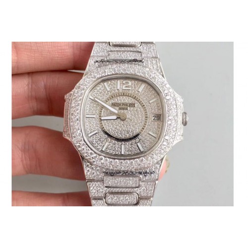 Patek Philippe Nautilus Jumbo Ladies 7021 SS Full Paved Diamonds M9015