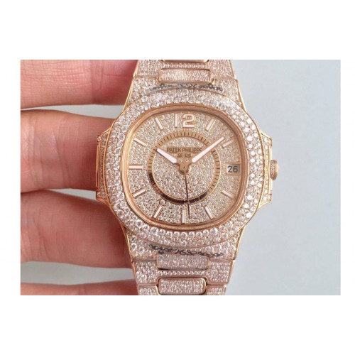 Patek Philippe Nautilus Jumbo Ladies 7021 RG Full Paved Diamonds M9015