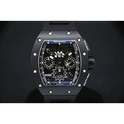 Richard Mille RM011 Ceramic Chronograph KVF 1:1 Best Edition Crystal Skeleton Dial Black on Black Rubber Strap A7750