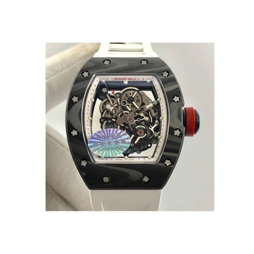 Richard Mille RM055 Forged Carbon Case Skeleton Dial White Inner Bezel Red Crown on White Rubber Strap M8215