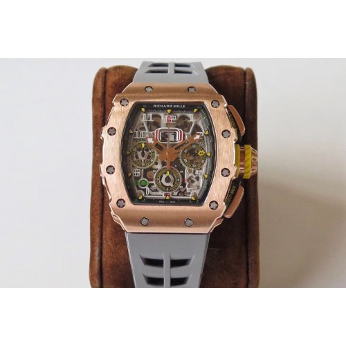 Richard Mille RM011-03 RG Chronograph RG Case KVF 1:1 Best Edition Crystal Skeleton Dial on Gray Rubber Strap A7750