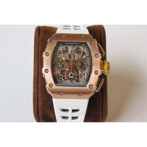 Richard Mille RM011 RG Chronograph RG Case KVF 1:1 Best Edition Crystal Skeleton Dial on White Rubber Strap A7750 Richard Mille RM011 RG Chronograph RG Case KVF 1:1 Best Edition Crystal Skeleton Dial on White Rubber Strap A7750