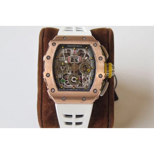 Richard Mille RM011 RG Chronograph SS Case KVF 1:1 Best Edition Crystal Skeleton Dial on White Rubber Strap A7750