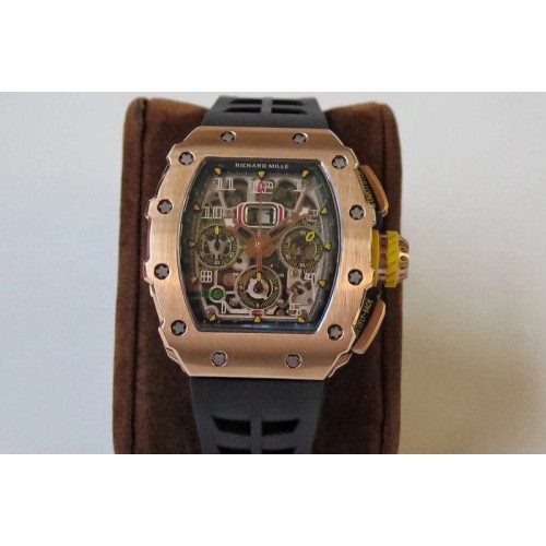 Richard Mille RM011 RG Chronograph RG Case KVF 1:1 Best Edition Crystal Skeleton Dial on Black Rubber Strap A7750 Richard Mille RM011 RG Chronograph RG Case KVF 1:1 Best Edition Crystal Skeleton Dial on Black Rubber Strap A7750