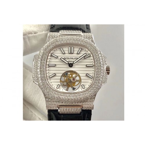 Patek Philippe Nautilus Jumbo 5711 Tourbillion SS Full Paved Diamonds White Dial