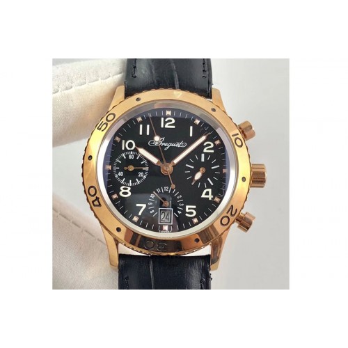 Breguet Type XX Chrono RG/LE Black Dial Black Leather Strap A7750