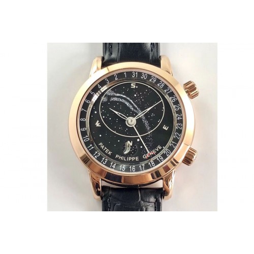 Patek Philippe 6104P Moon RG Black Dial on Black Leather Strap A240