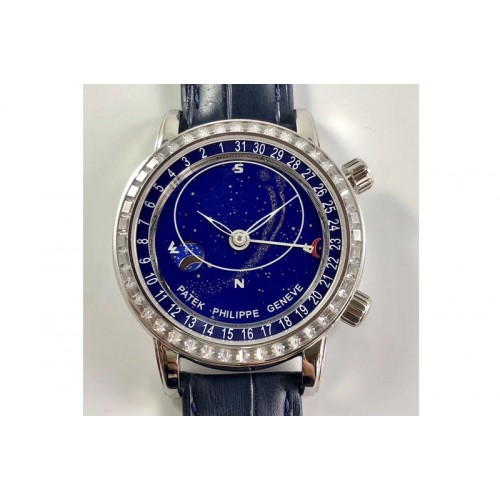 Patek Philippe 6104P Moon SS Blue Dial Diamond Bezel on Blue Leather Strap A240