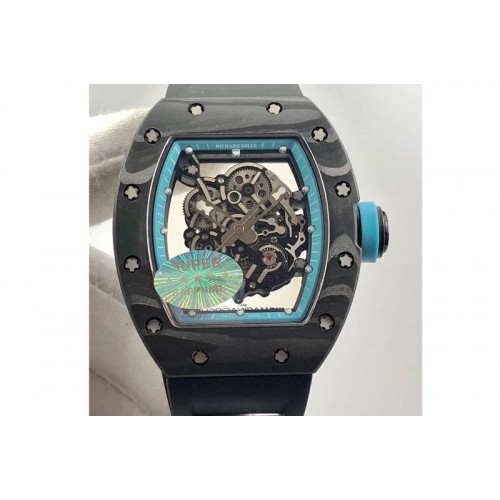 Richard Mille RM055 Carbon Case KVF Best Edition Carbon Bezel Skeleton Dial Blue Crown on black Rubber Strap MIYOTA8215