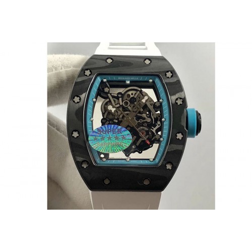 Richard Mille RM055 Carbon Case KVF Best Edition Carbon Bezel Skeleton Dial Blue Crown on white Rubber Strap MIYOTA8215