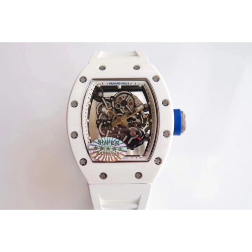 Richard Mille RM055 Real White Ceramic Case KVF Best Edition Skeleton Dial Blue on White Rubber Strap MIYOTA8215