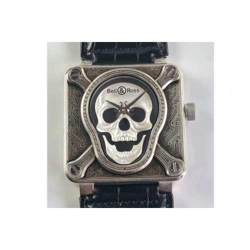 Bell & Ross BR01-92 Burning Skull Tattoo Watch Silver Dial on Black Leather Strap 23J