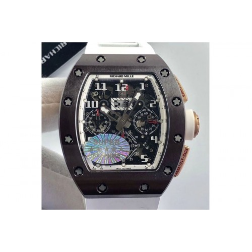Richard Mille RM011 RG Case Chronograph KVF 1:1 Best Edition Black Ceramic Bezel Skeleton Dial on White Rubber Strap A7750