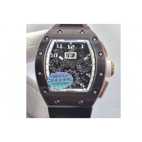 Richard Mille RM011 RG Case Chronograph KVF 1:1 Best Edition Black Ceramic Bezel Skeleton Dial on Black Rubber Strap A7750