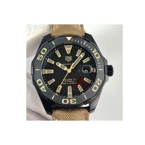 Tag Heuer AquaRacer Calibre 5 SS V6F 1:1 Best Edition Black Textured Dial on Brown Nylon Strap A2824