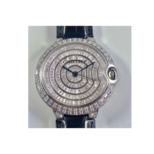 Cartier Ballon Bleu T Diamond SS Full Paved Diamonds Dial on Black Croco Strap Miyota 9015(Free Brown Leather)
