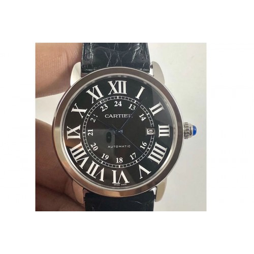 Ronde Solo de Cartier 42mm ZF 1:1 Best Edition Black Dial on Black Leather Strap MIYOTA 9015