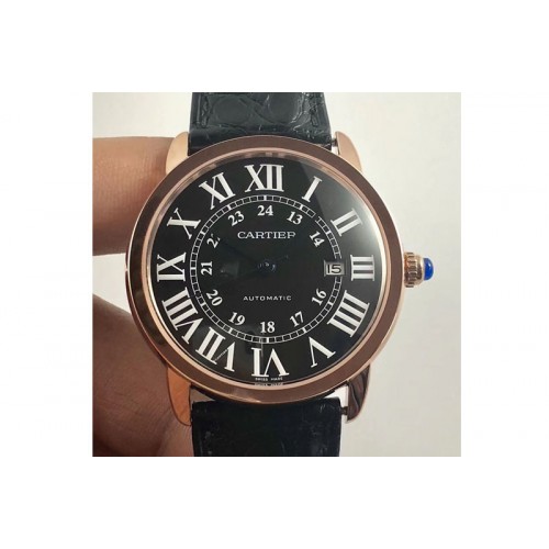 Ronde Solo de Cartier 42mm ZF 1:1 Best Edition RG Black Dial on Black Leather Strap MIYOTA 9015