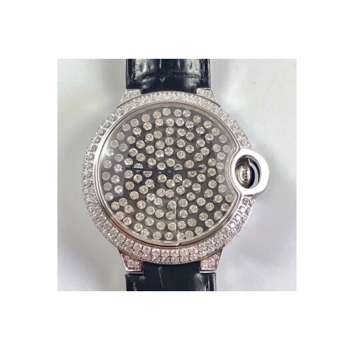 Ballon Bleu de Cartier Serti Vibrant Jewellery Watches 36mm SS/LE Full Diamond Blue Leather Strap M9015