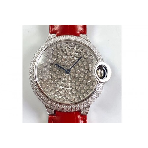 Ballon Bleu de Cartier Serti Vibrant Jewellery Watches 36mm SS/LE Full Diamond Red Leather Strap M9015